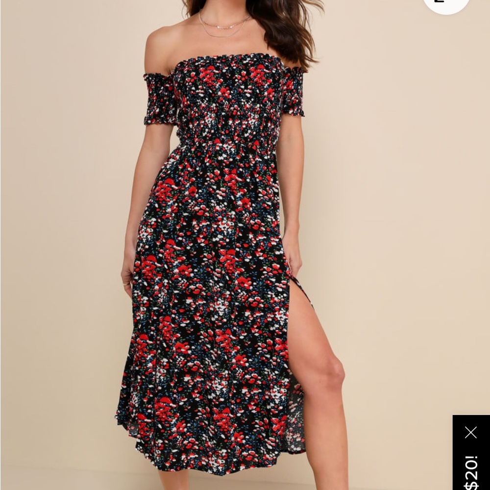 View from the meadow black floral print off the shoulder dress